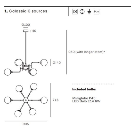 Lühter Stilnovo Galassia 6xE14 data sheet 1