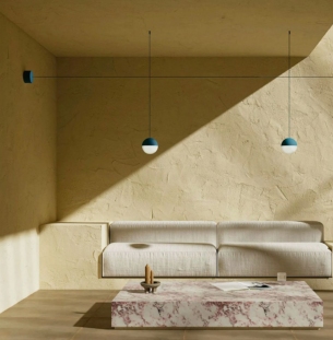 FLOS String Light sphere rippvalgusti sinine interjööris