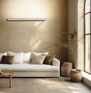 Minimalist living room design with cozy white sofa and natural l