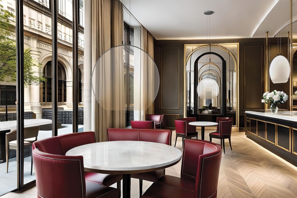 a boutique cafe with a marble-top table as the focal point, whil