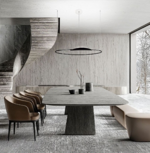 A modern luxurious rectangular dining table with grey oak veneer