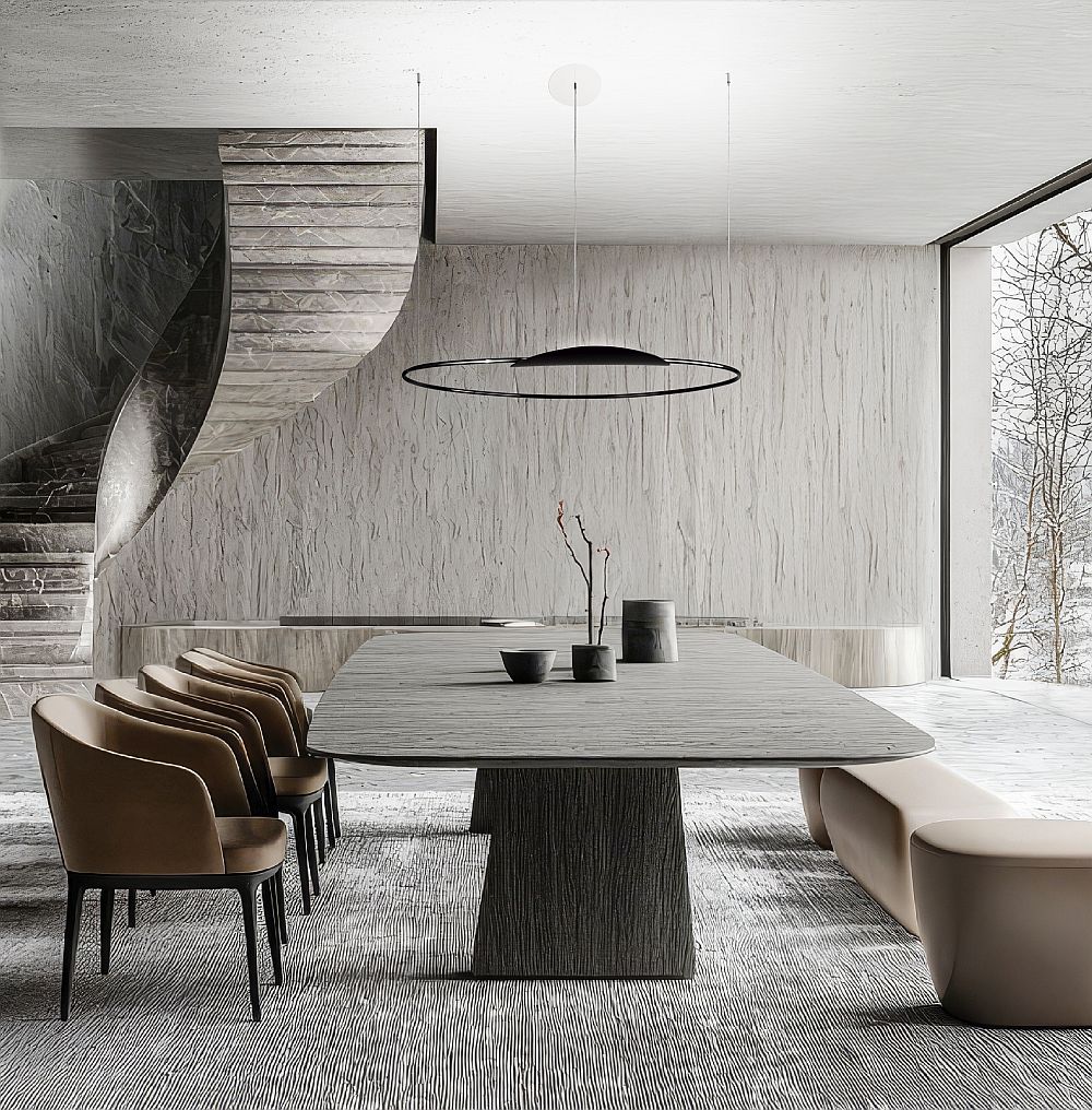 A modern luxurious rectangular dining table with grey oak veneer